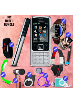 10 in 1 Bundle Offer , Nokia 6300 Mobile Phone ,Portable USB LED Lamp, Wired Earphones, Ring Holder, Headphone, Mobile Holder, Universal LED Band Watch, Yazol Watch, Selfie Stick, Mobile Table Desk